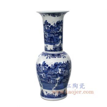 RYLU148_景德镇陶瓷 纯手绘 青花 山水建筑 花插花瓶