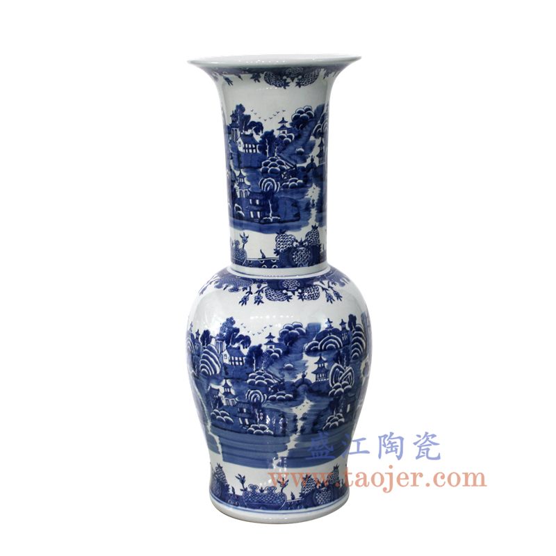 盛江陶瓷 纯手绘 青花 山水建筑 花插花瓶