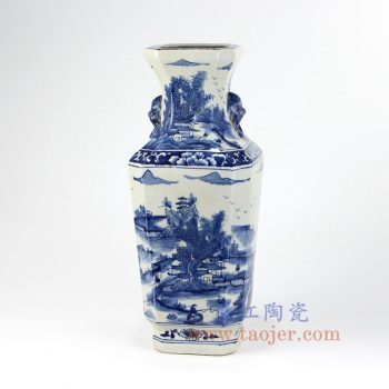RYUK17-B-景德镇陶瓷 纯手绘 青花 仿古 山水建筑 双耳四方花插 花瓶