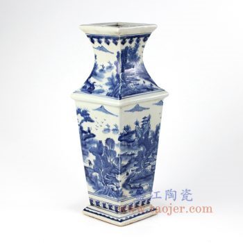 RYUK26-B_景德镇陶瓷 纯手绘 青花 仿古 山水建筑 四方花插 花瓶
