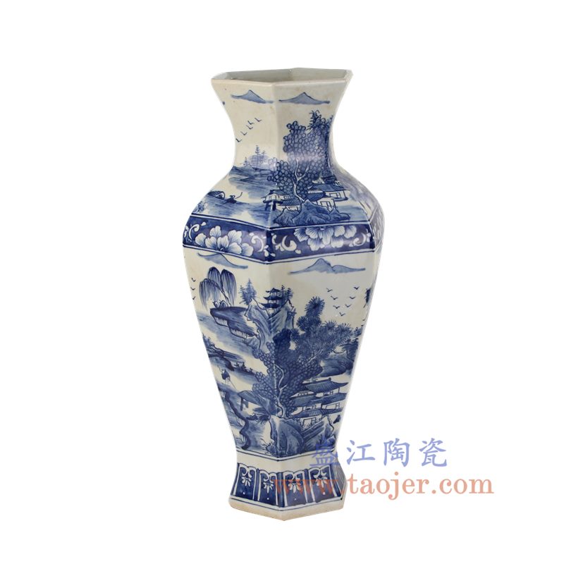 盛江陶瓷 纯手绘 青花 仿古 山水六方 花插花瓶