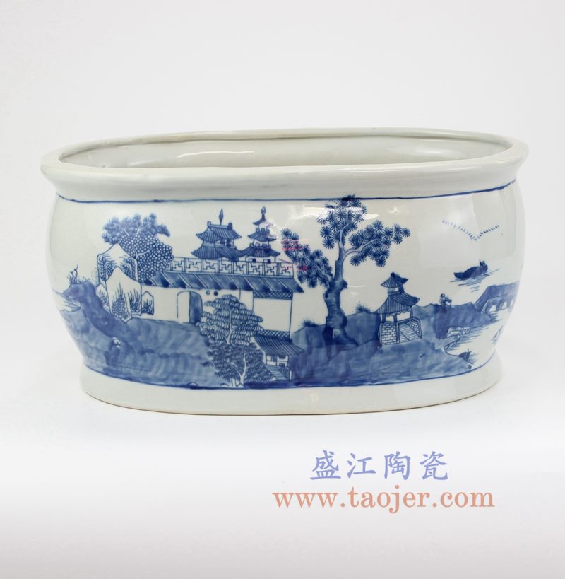 盛江陶瓷 纯手绘 青花 仿古 山水建筑 花盆