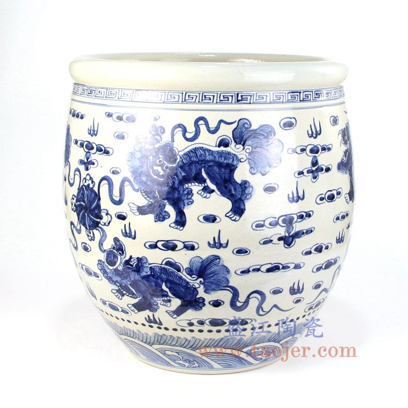 盛江陶瓷 纯手工 青花仿古 双狮抱球 水缸 鱼缸