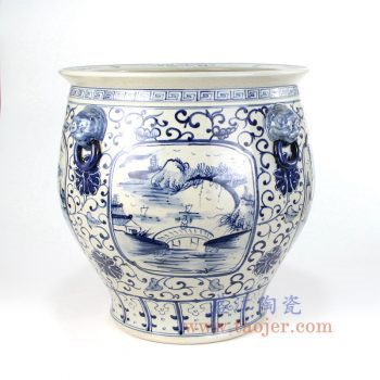 RZFH12_景德镇陶瓷 纯手工 青花仿古 山水缠枝莲狮子头 水缸鱼缸