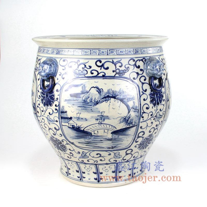 盛江陶瓷 纯手工 青花仿古 山水缠枝莲狮子头 水缸鱼缸