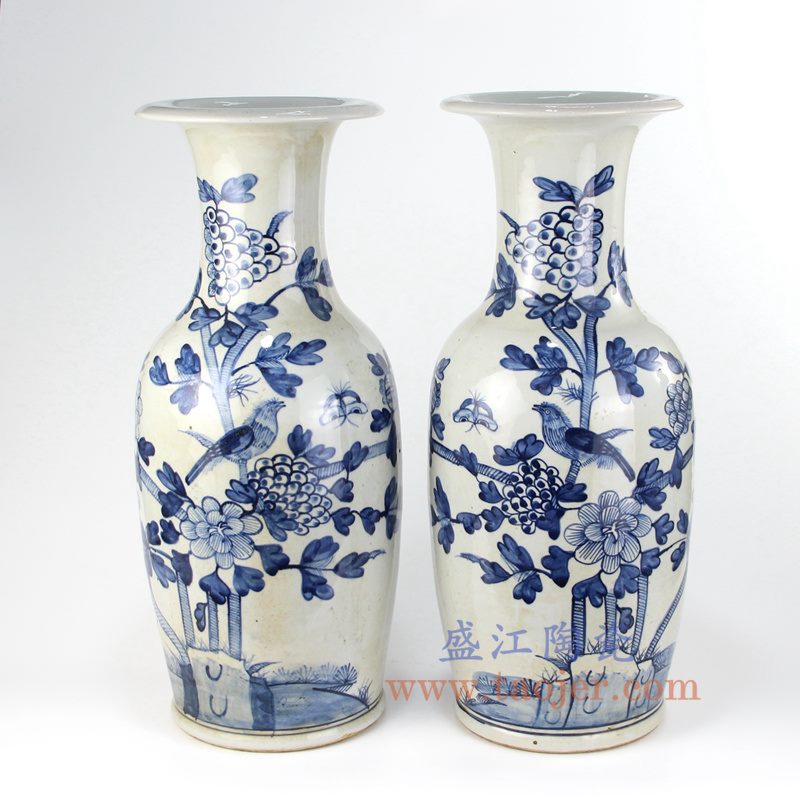 盛江陶瓷 纯手绘青花仿古 花鸟 花插花瓶