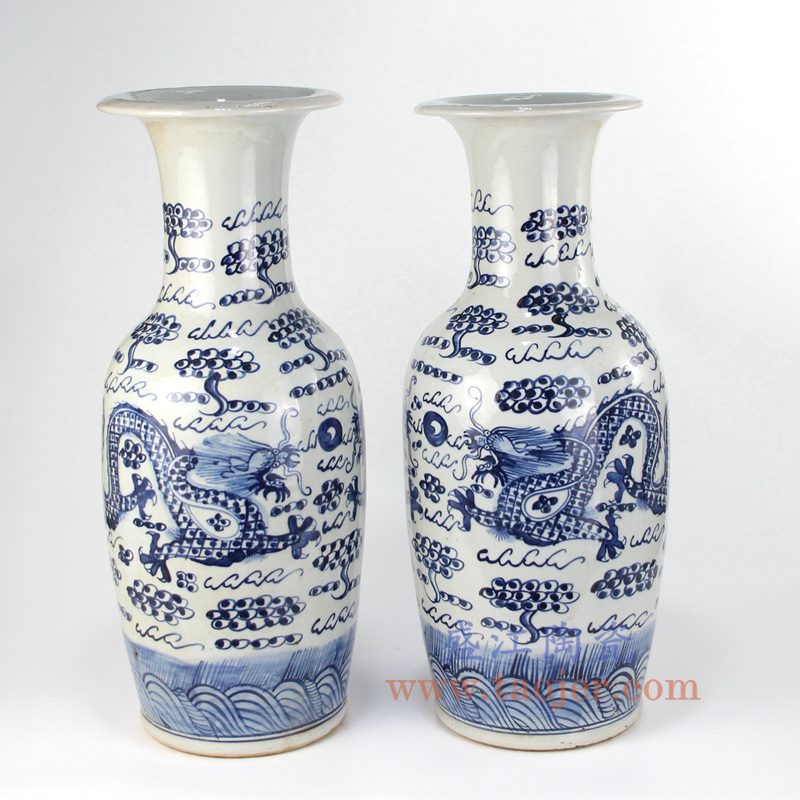 盛江陶瓷 纯手绘青花仿古 龙纹 花插花瓶