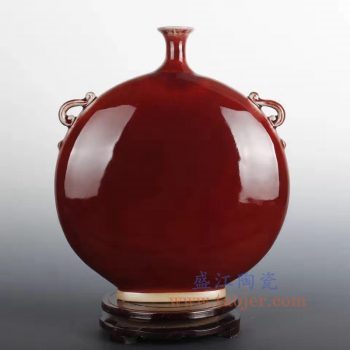 RZFW30-景德镇陶瓷 钧瓷宝石红圆圆满满团圆双耳扁瓶