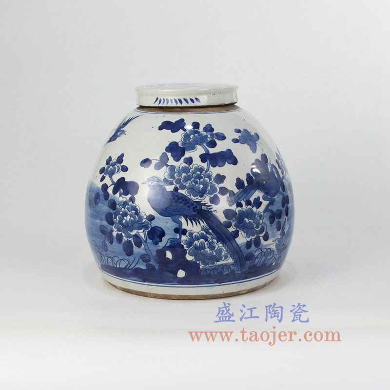 盛江陶瓷 纯手绘 青花仿古 花鸟牡丹 盖罐储物罐