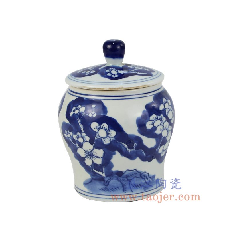 盛江陶瓷 纯手绘 青花仿古 冰梅图 盖罐 储物罐