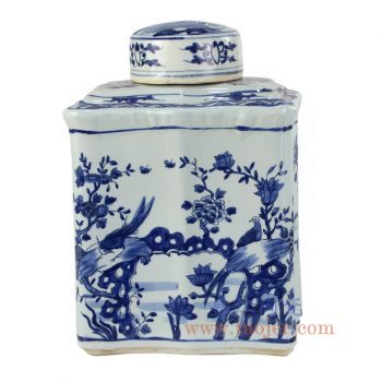 RZKJ02_景德镇陶瓷 纯手绘 青花仿古 花鸟 四方盖罐 储物罐