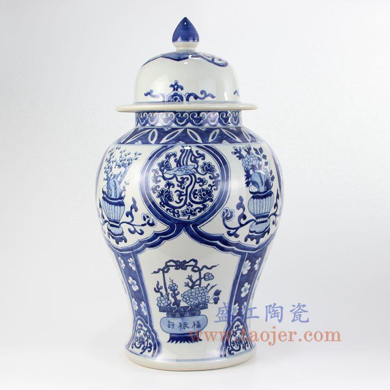 盛江陶瓷 纯手绘 青花仿古 花卉 缠枝莲将军罐 盖罐 储物罐