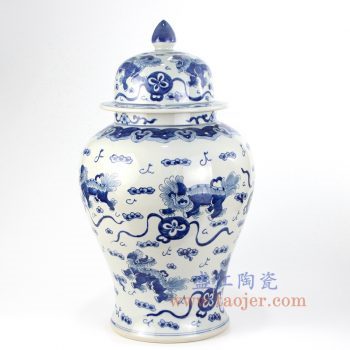 RZKY14-B_景德镇陶瓷 纯手绘 青花仿古 双狮抱球 将军罐 盖罐 储物罐
