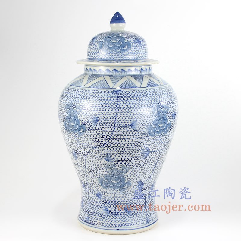 盛江陶瓷 纯手绘 青花仿古 缠枝莲 花卉将军罐 盖罐 储物罐