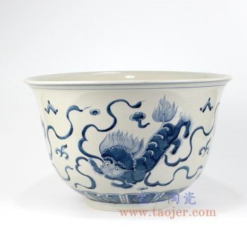 RZKY16_景德镇陶瓷 纯手绘 青花仿古 狮子纹 花盆