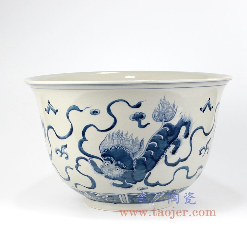 盛江陶瓷 纯手绘 青花仿古 狮子纹 花盆