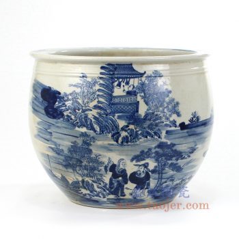 RZMW01 景德镇陶瓷 仿古 纯手绘青花 山水人物 水缸鱼缸