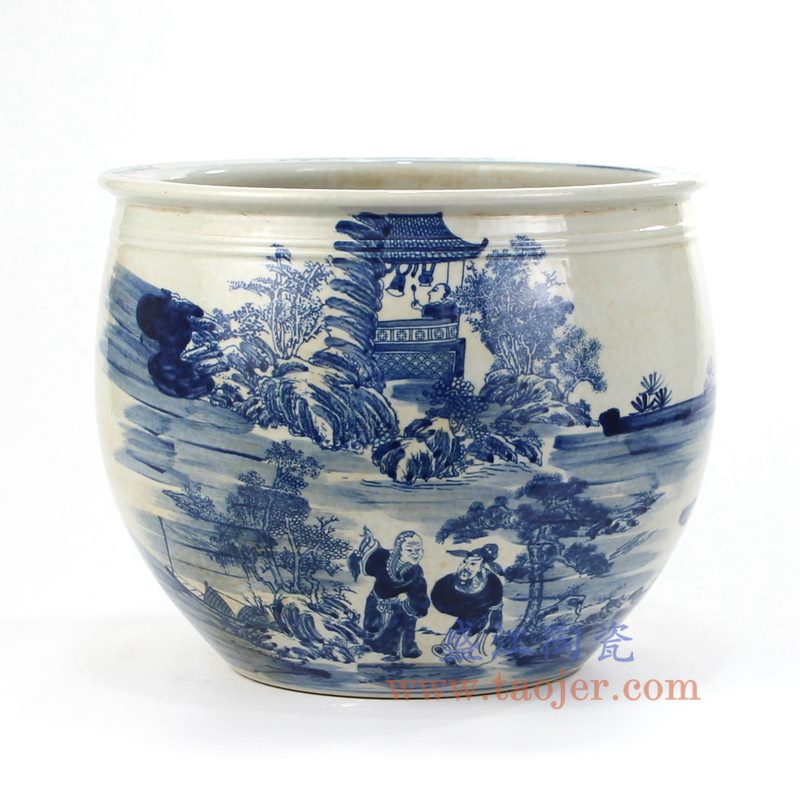 盛江陶瓷 仿古 纯手绘青花 山水人物 水缸鱼缸