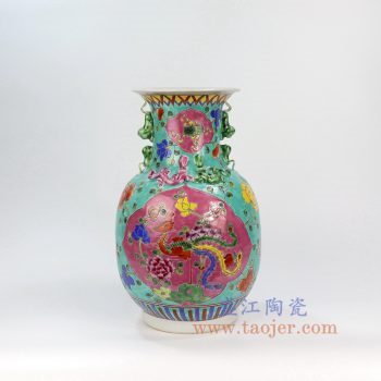 RYZG12-B_景德镇陶瓷 仿清绿地手绘粉彩凤凰牡丹纹狮耳瓶瓷器古董古玩