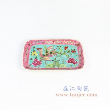 7556-RYZG14-景德镇陶瓷 仿清绿地手绘粉彩凤戏牡丹摆盘赏盘瓷盘挂盘古董古玩
