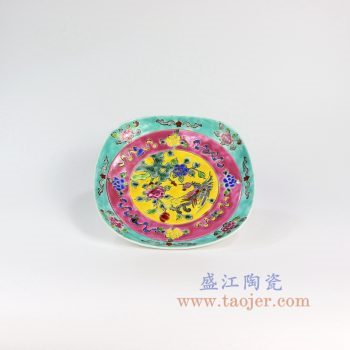 RYZG16-景德镇陶瓷 仿清绿地手绘粉彩瓷盘摆盘 挂盘古董古玩