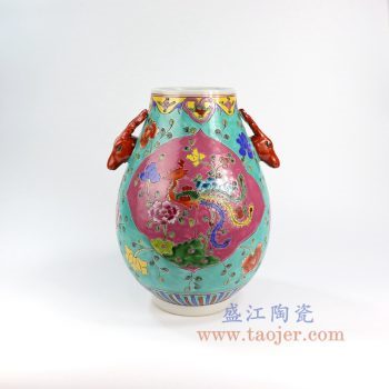 RYZG20_景德镇陶瓷 仿清绿地手绘粉彩凤戏牡丹鹿头尊家居摆件古董古玩