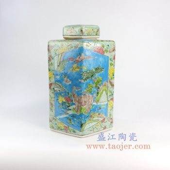 RZFA06-a-景德镇陶瓷 仿古 纯手绘 神兽图四方陶瓷罐 盖罐 储物罐
