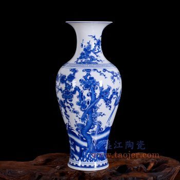 RZNQ06-景德镇陶瓷 仿古手绘青花喜上眉梢瓷瓶 中式客厅家居书房