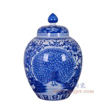 RZNQ08-景德镇陶瓷 仿古手绘青花富贵孔雀牡丹大罐 家居装饰品