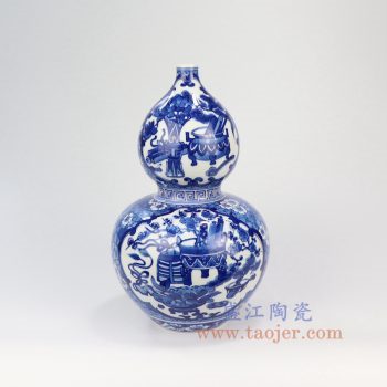 RZLH11-景德镇陶瓷 仿古手绘青花荷花葫芦瓶瓶 中式客厅
