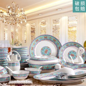JFY-15景德镇骨瓷餐具家用中式碗盘60头套装简约陶瓷结婚送礼帝皇绿粉彩