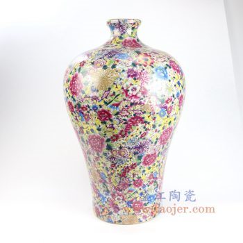 RYRK28-A-景德镇陶瓷 仿清万花不落地重工粉彩梅瓶