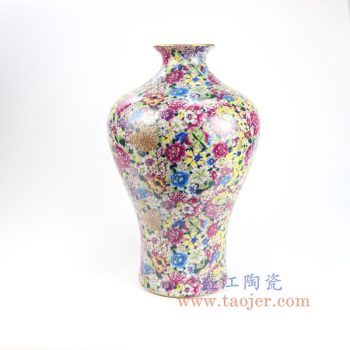 RYRK28-B-景德镇陶瓷 仿清万花不落地重工粉彩鱼尾瓶