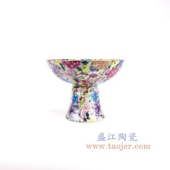 RYRK33-景德镇陶瓷 仿清粉彩万花不描金高足果盘贡盘 古董古玩