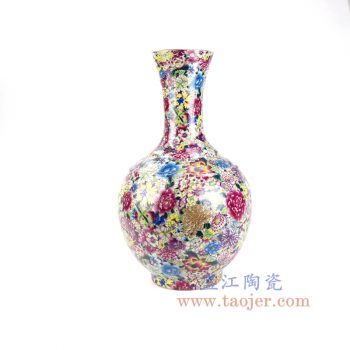 RYRK34景德镇陶瓷 仿清万花不落地重工粉彩花插花瓶