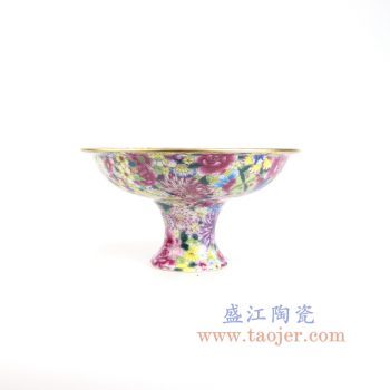 RYRK36-景德镇陶瓷 仿清万花不落地重工粉彩天高足果盘贡盘