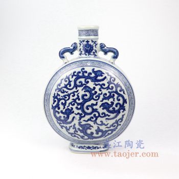 RYUU16-B-景德镇陶瓷 仿古手绘青花八宝扁瓶 抱月瓶