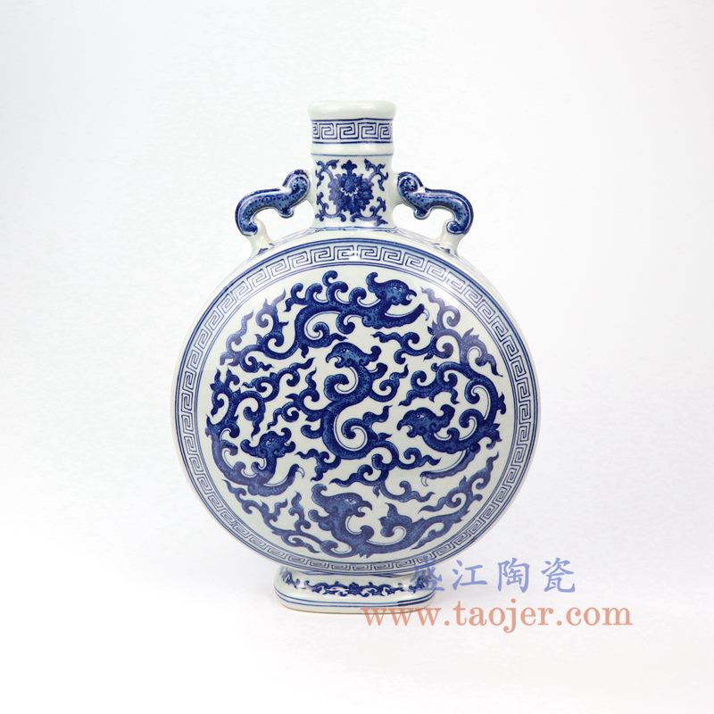 盛江陶瓷 仿古手绘青花八宝扁瓶 抱月瓶
