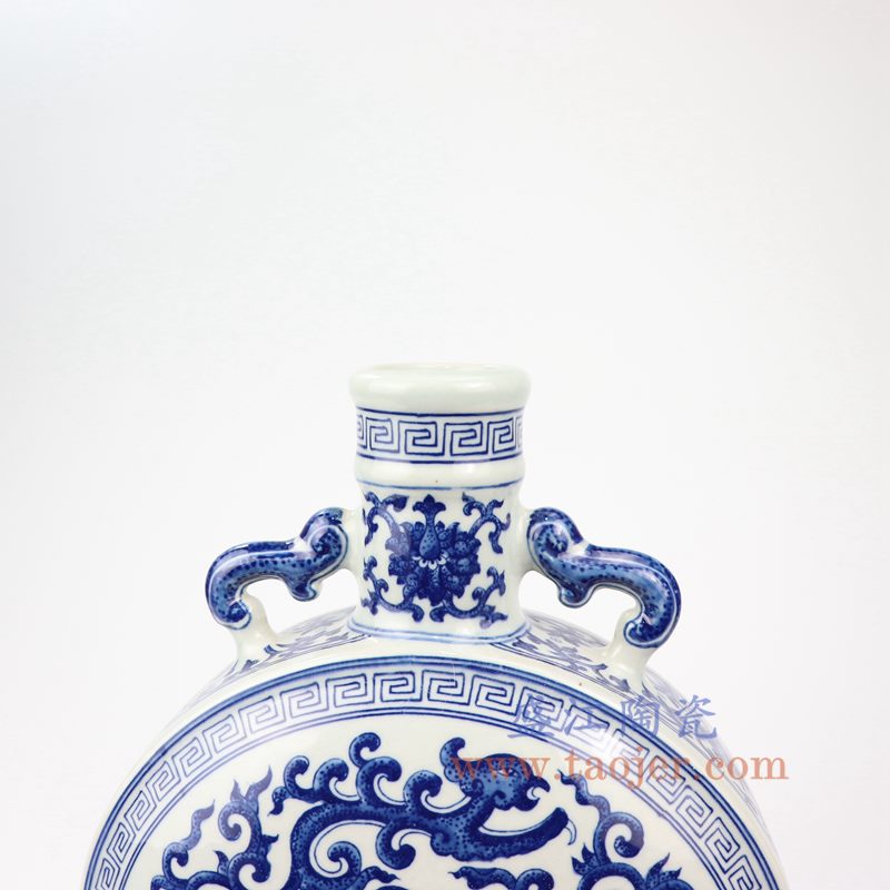 盛江陶瓷 仿古手绘青花八宝扁瓶 抱月瓶