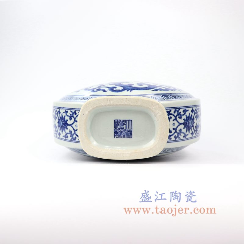 盛江陶瓷 仿古手绘青花八宝扁瓶 抱月瓶