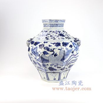 RZLQ02-景德镇陶瓷 元青花 凤凰纹饰八方兽耳罐 仿古收藏 做旧古董古玩摆件