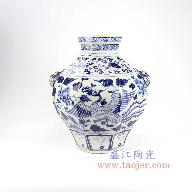盛江陶瓷 元青花 凤凰纹饰八方兽耳罐 仿古收藏 做旧古董古玩摆件