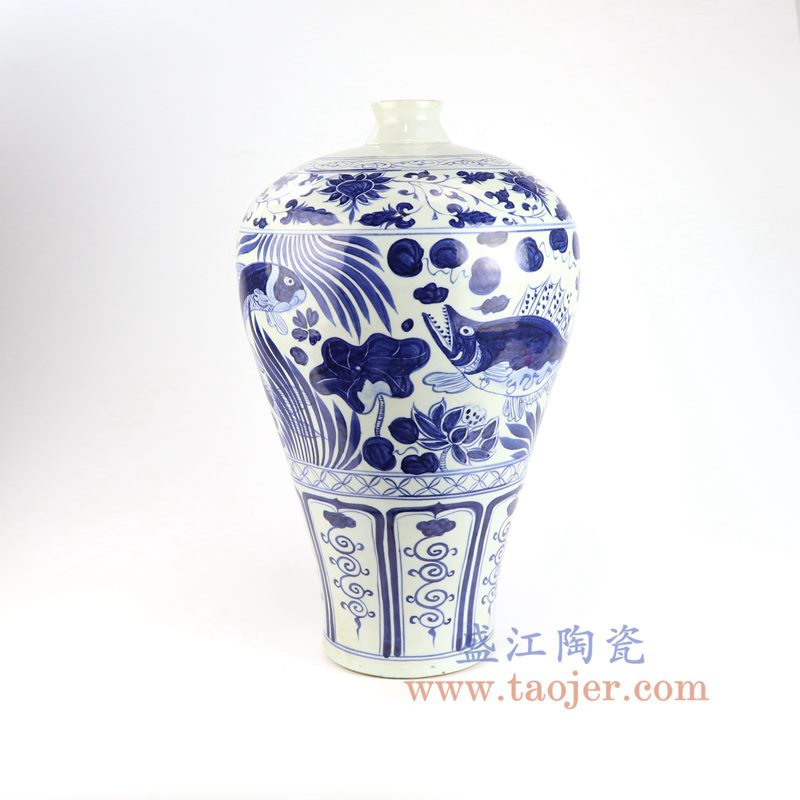 盛江陶瓷 元青花手工瓷鱼藻纹梅瓶 古玩古董收藏