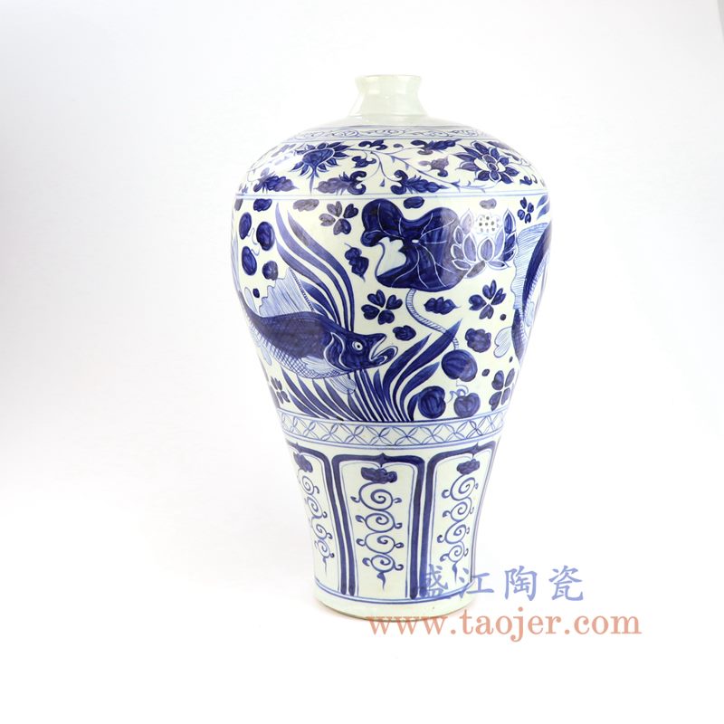 盛江陶瓷 元青花手工瓷鱼藻纹梅瓶 古玩古董收藏