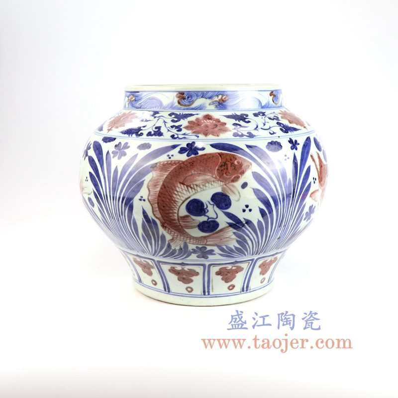 盛江陶瓷 元代青花矾红描金鱼藻纹大罐 古玩古董收藏