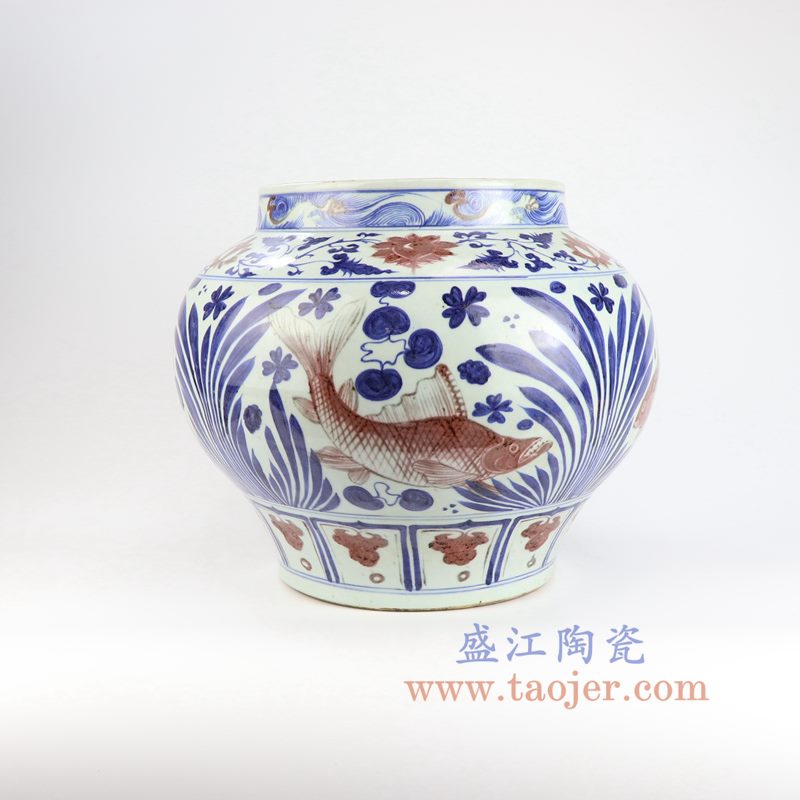 盛江陶瓷 元代青花矾红描金鱼藻纹大罐 古玩古董收藏