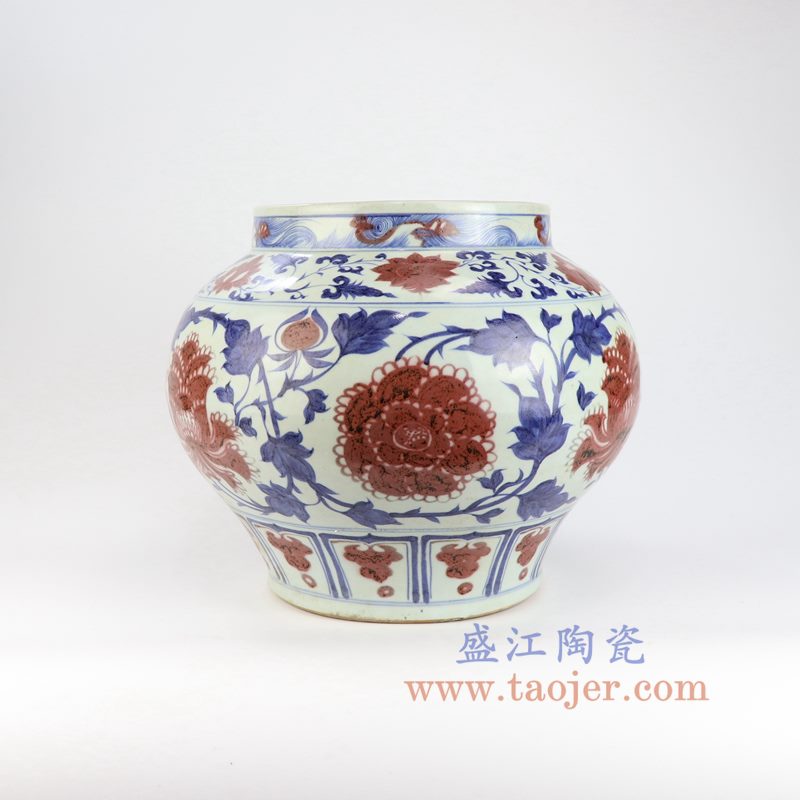 盛江陶瓷 元代青花釉里红缠枝莲花罐(白浒孤窑款) 古玩古董古瓷器