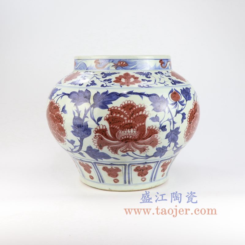 盛江陶瓷 元代青花釉里红缠枝莲花罐(白浒孤窑款) 古玩古董古瓷器