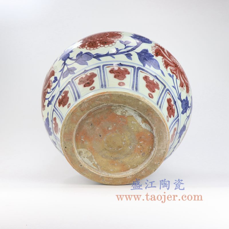 盛江陶瓷 元代青花釉里红缠枝莲花罐(白浒孤窑款) 古玩古董古瓷器