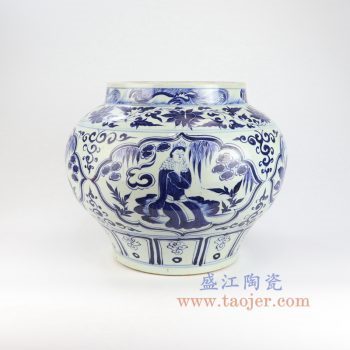 RZLQ10-景德镇陶瓷 元青花博陵第款开窗人物纹罐 古董古玩瓷器摆件